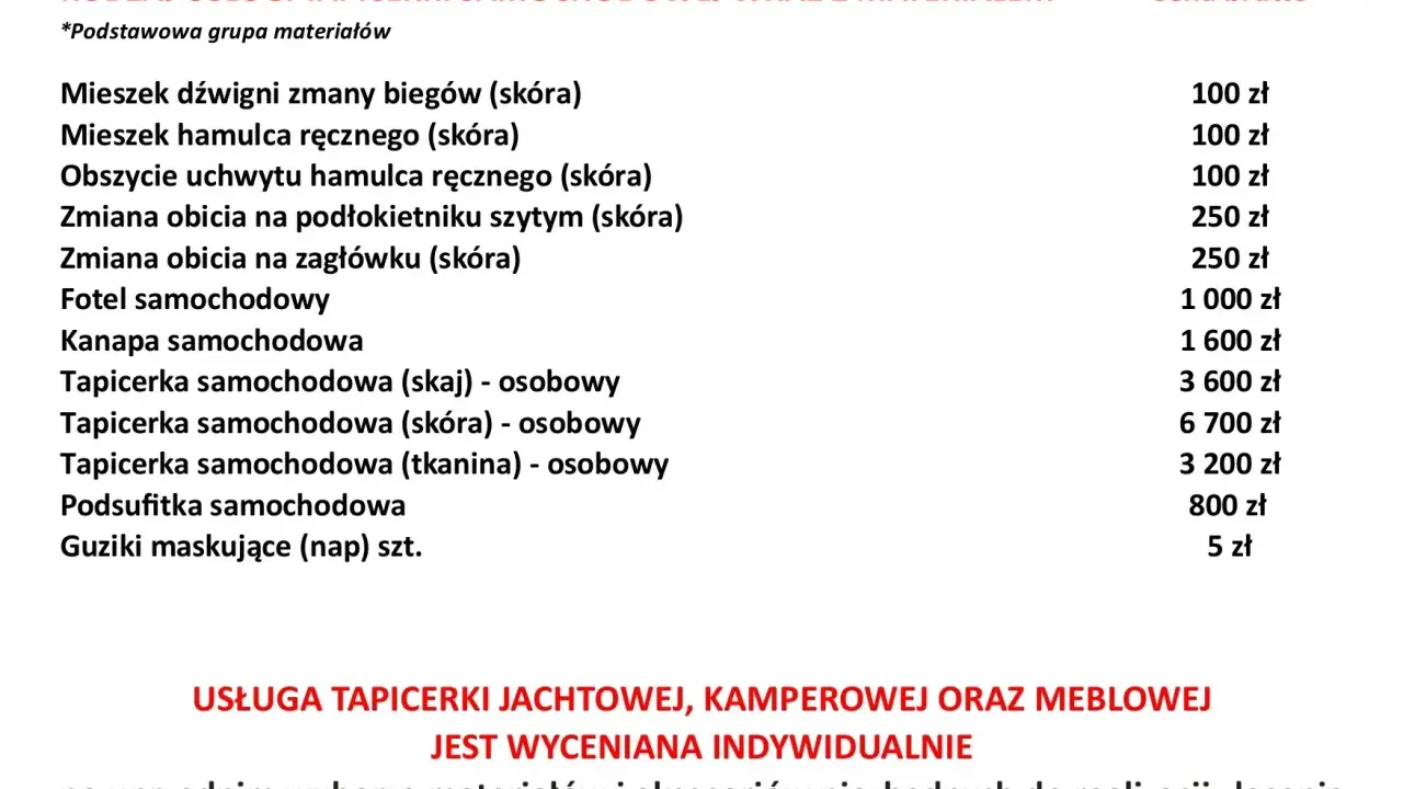 Tabela z cennikiem usług tapicerskich samochodowych, jachtowych, kamperowych i meblowych.
