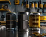 Trzy cylindryczne filtry DPF w warsztacie, jeden z żółtym wzorem.