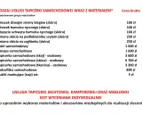 Tabela z cennikiem usług tapicerskich samochodowych, jachtowych, kamperowych i meblowych.