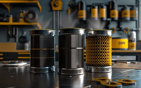 Trzy cylindryczne filtry DPF w warsztacie, jeden z żółtym wzorem.
