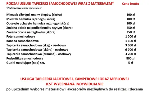 Tabela z cennikiem usług tapicerskich samochodowych, jachtowych, kamperowych i meblowych.