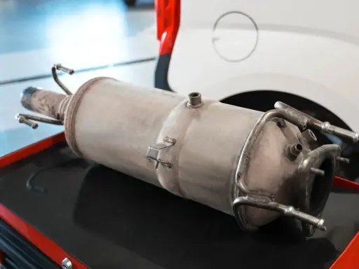 Filtr DPF leżący na czerwonej skrzynce narzędziowej, obok białego samochodu.