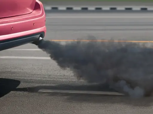 Czerwony samochód z rury wydechowej wydobywa się gęsty, czarny dym.