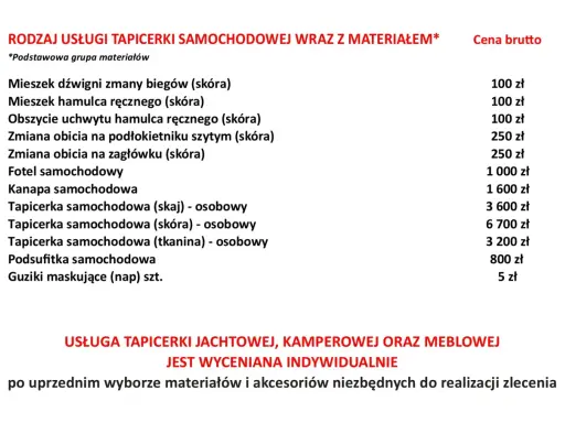 Tabela z cennikiem usług tapicerskich samochodowych, jachtowych, kamperowych i meblowych.