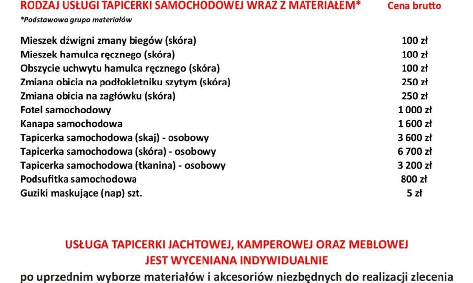 Tabela z cennikiem usług tapicerskich samochodowych, jachtowych, kamperowych i meblowych.