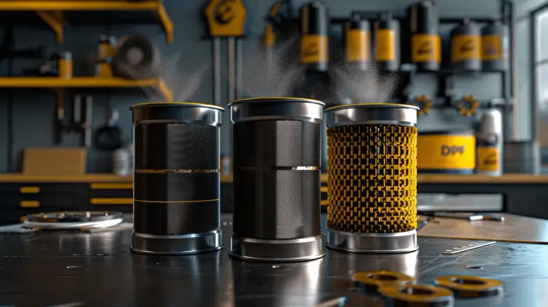 Trzy cylindryczne filtry DPF w warsztacie, jeden z żółtym wzorem.